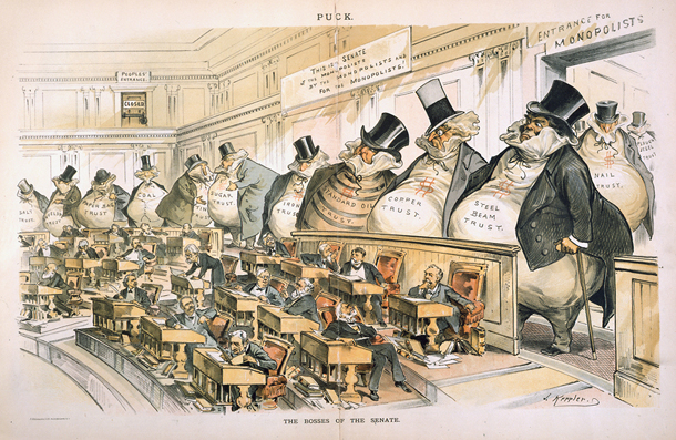 “The Bosses of the Senate” is a famous political cartoon that criticizes monopolies’ influence on politics.
