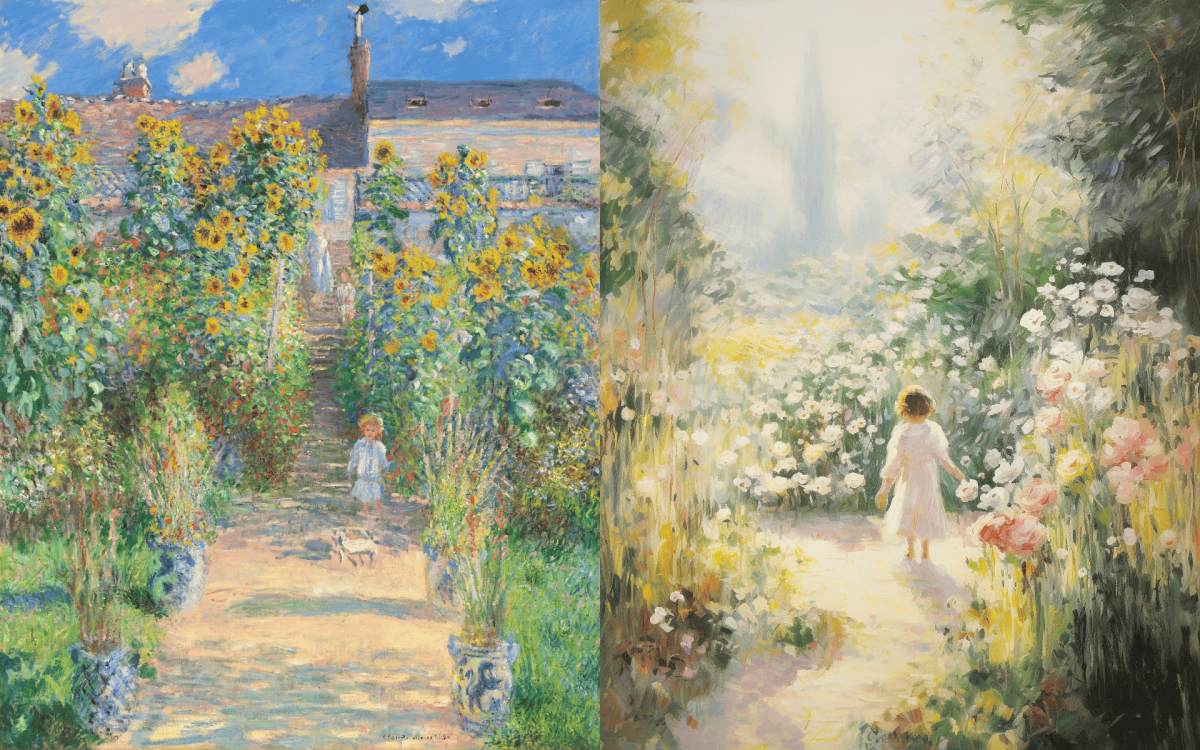 Monet, The Artist's Garden at Vétheuil, 1881. (Left) Human artwork, (Right) AI Artwork.