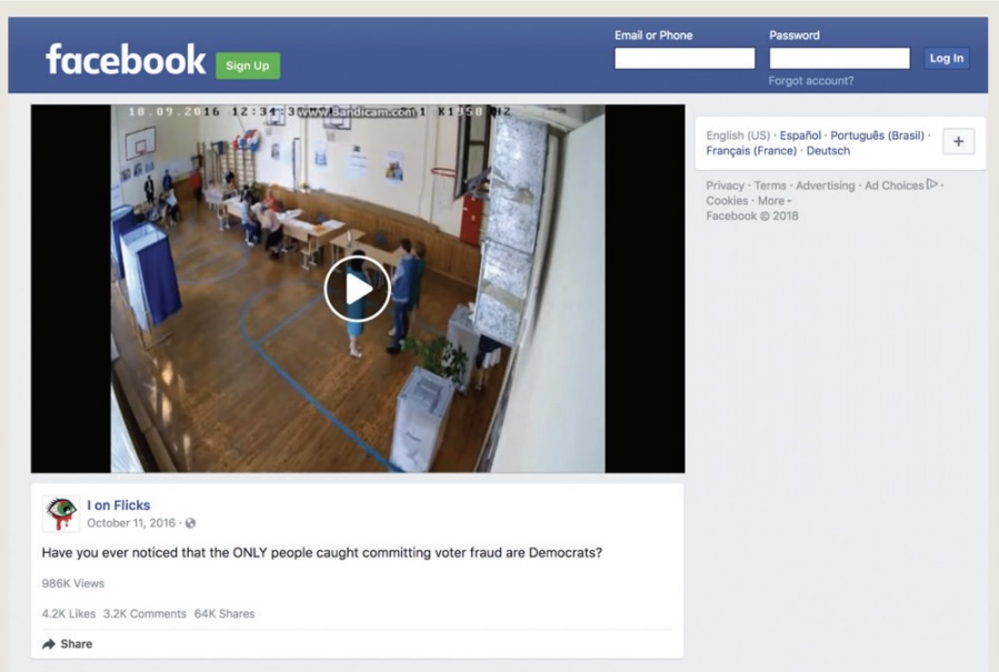 A Facebook page used in the study displaying a video post of a ballot stuffing incident accompanied by a user comment stating: "Have you ever noticed that the only people caught committing voter fraud are Democrats?"