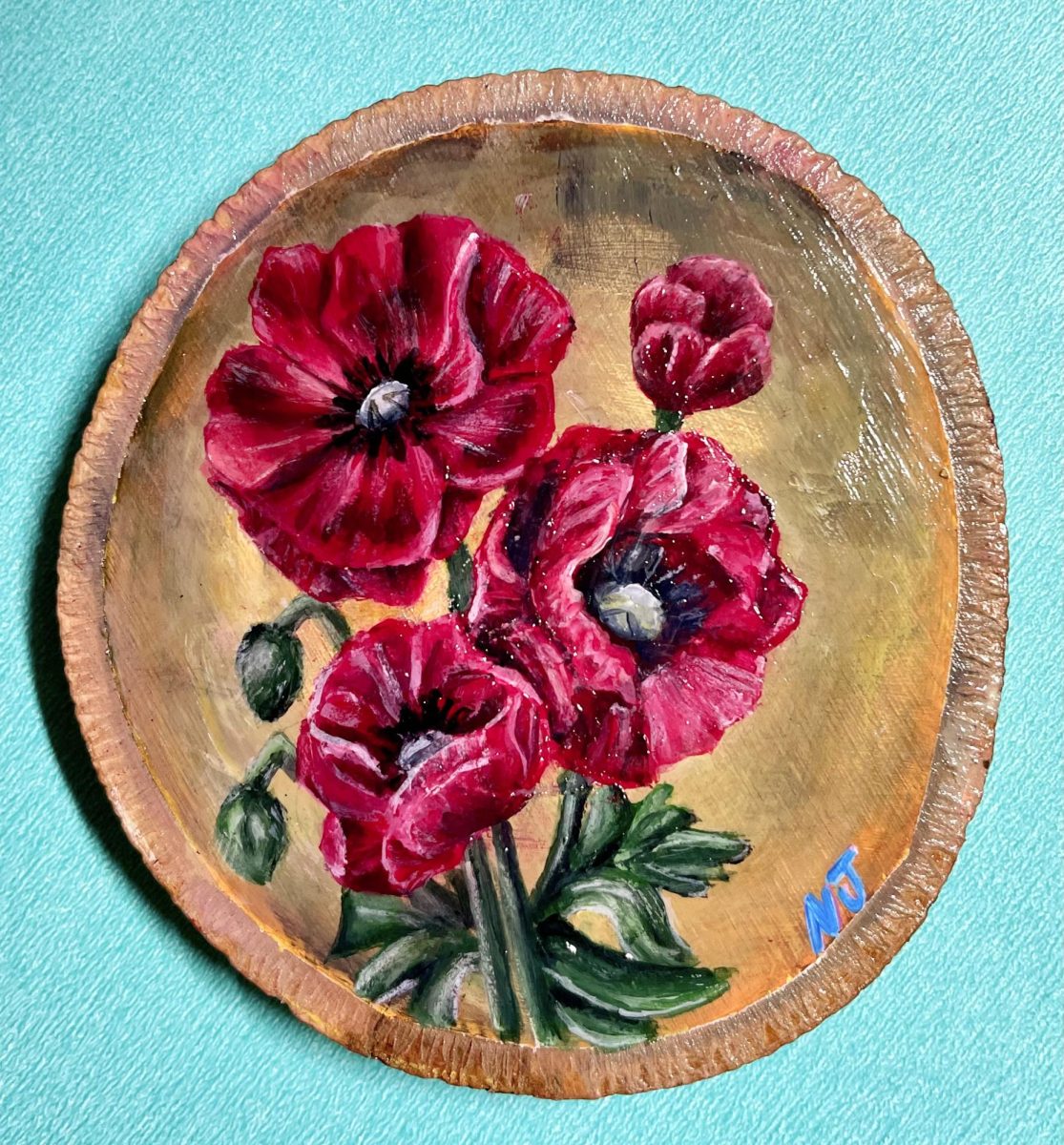 A painting of a bouquet of red poppies inspired by the Albanian national flower.